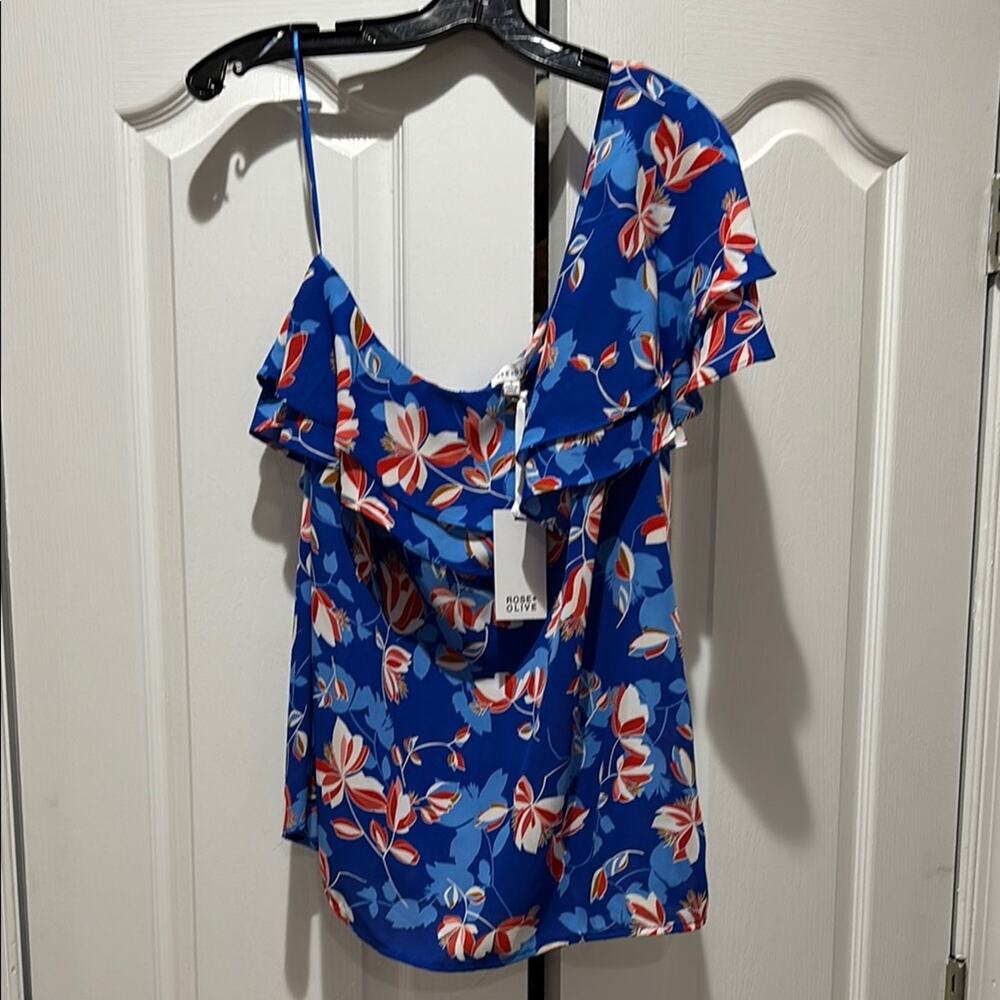 Rose & Olive L Floral Blue one shoulder blouse nwt perfect tropical vibe